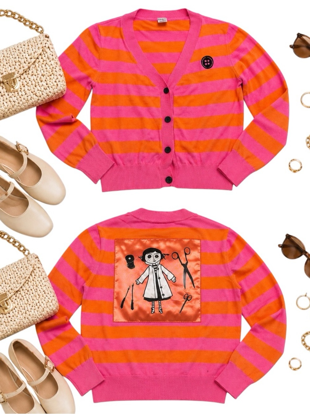 Coraline Striped Cardigan Pink Orange Button Sweater Goth Movie Size M in GUC